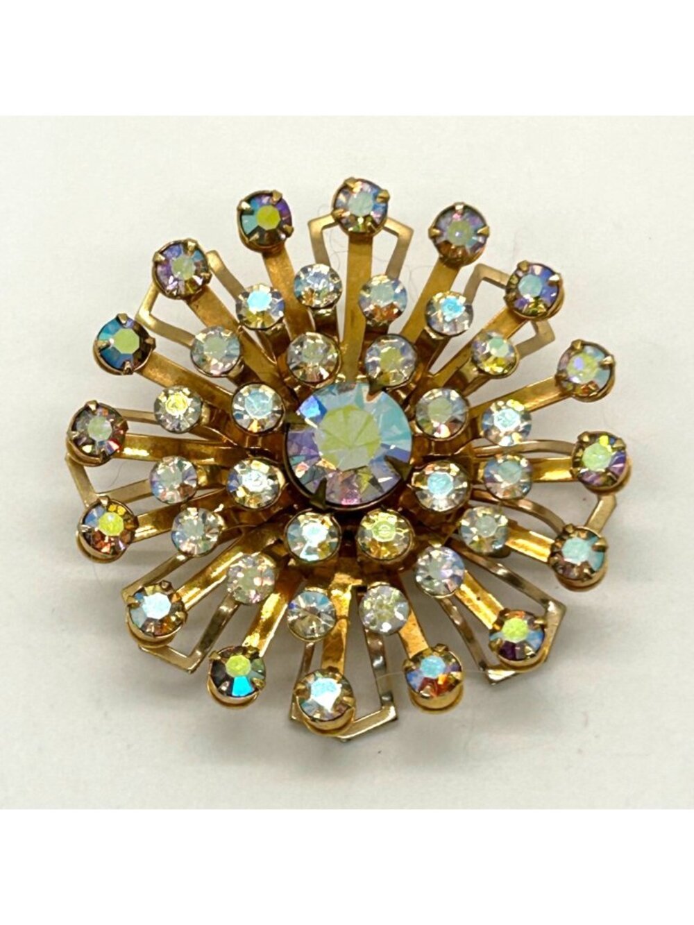 Vintage Aurora Borealis Brooch Gold-Tone Rivet Set 1960s Starburst Atomic 2 inch